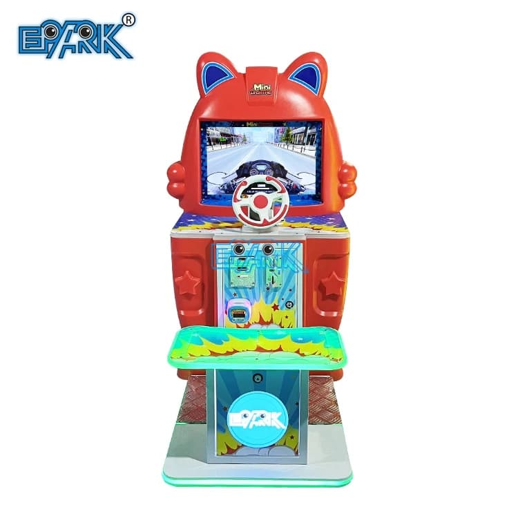Front view of a red kids racing arcade machine with steering wheel