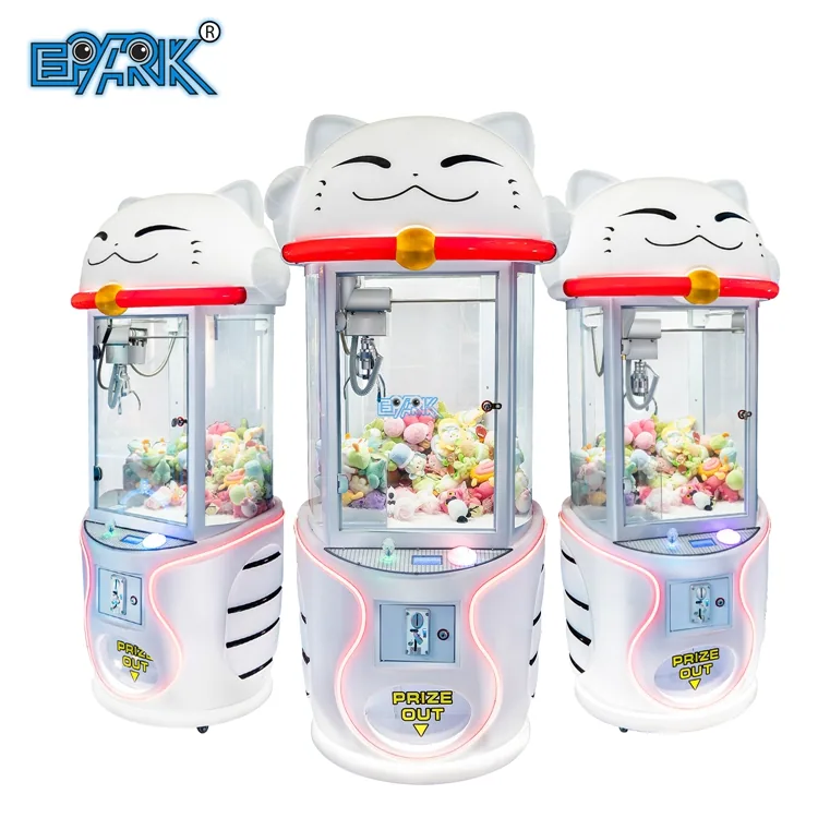 White cat-themed claw machine shown with two matching cabinets