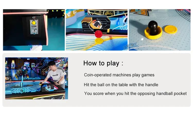 Instrucciones para el inicio con monedas y el uso del percutor en el juego comercial de hockey de aire.