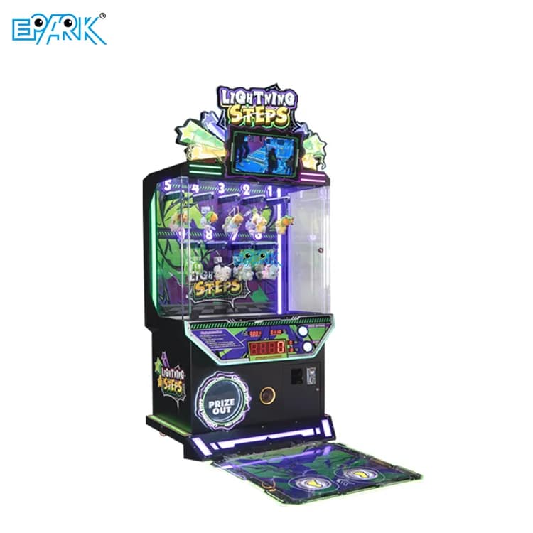 Foot-controlled prize challenge arcade machine on a white background