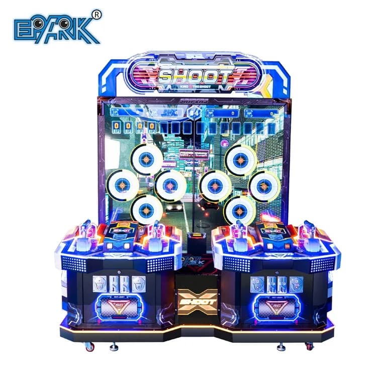 Four-player target shooting arcade game with two 75-inch screens and twin gun consoles