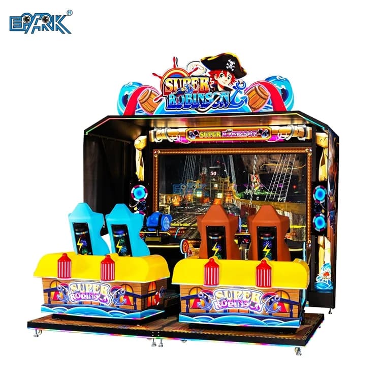 Four-player dynamic shooting arcade simulator with a 100-inch screen and four colorful seats