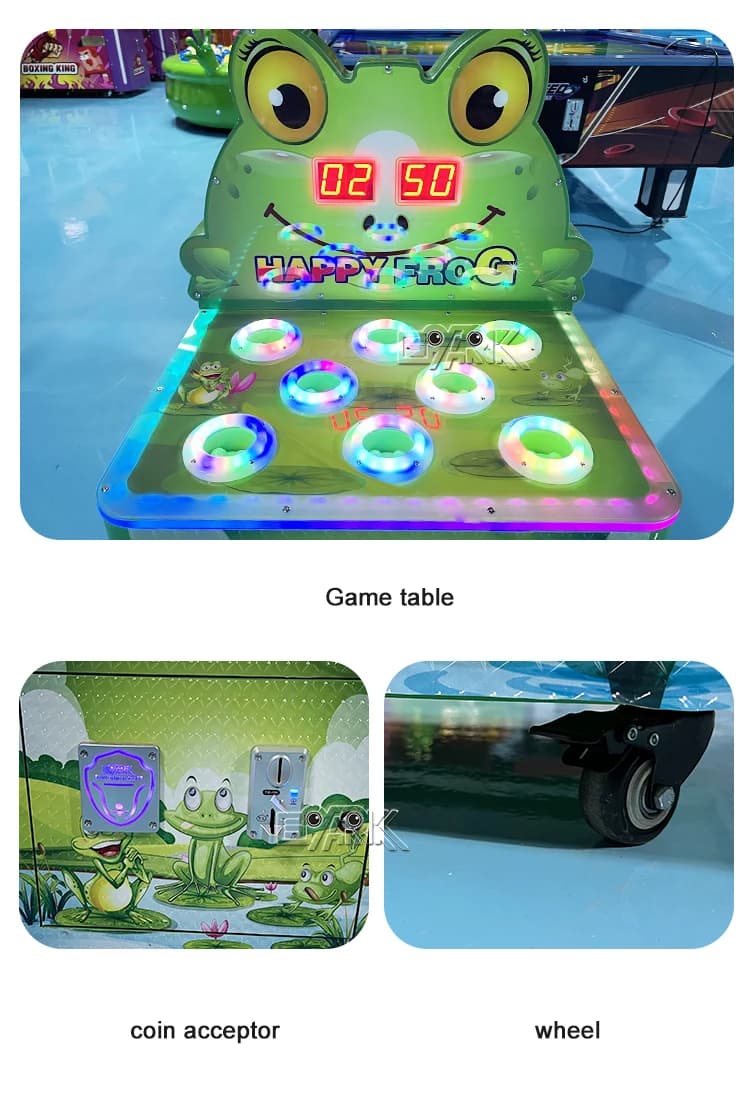 Detalles del tablero de juego Frog Hammer, controles de monedas y rueda.