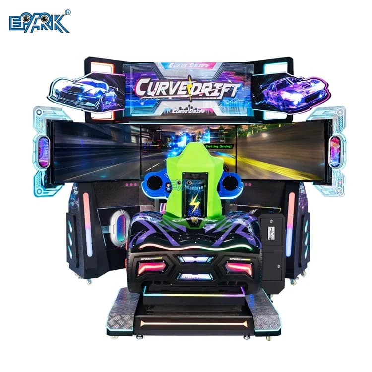 Front view of a triple-screen drift racing arcade machine with a single green racing seat