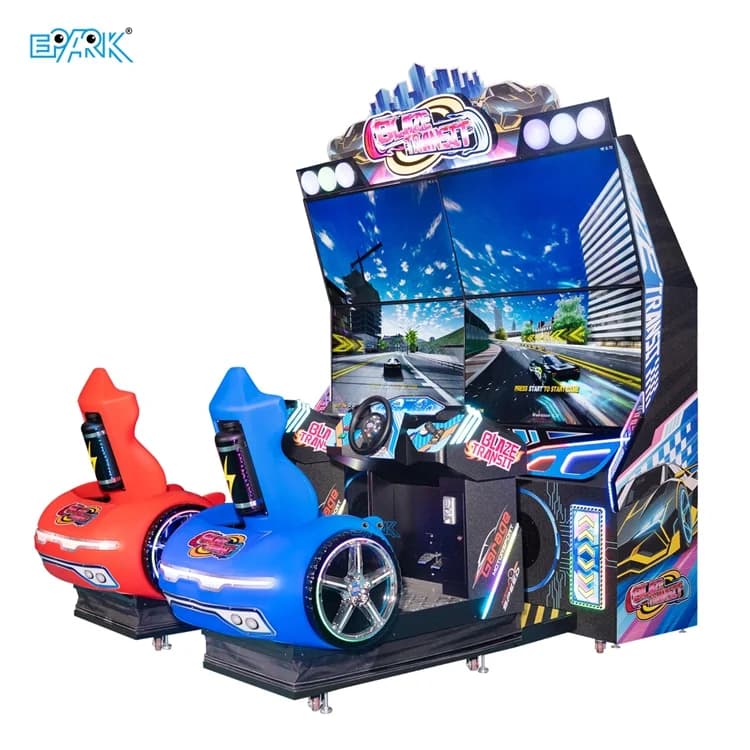 Two-player motion racing arcade simulator with four large screens and red and blue seats