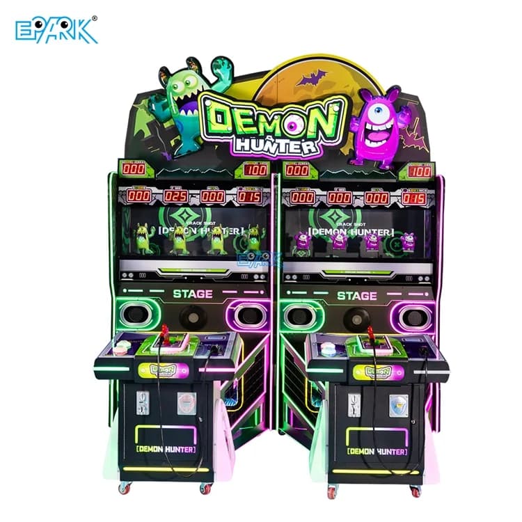 Two-player sensor gun shooting redemption machine with twin illuminated target cabinets