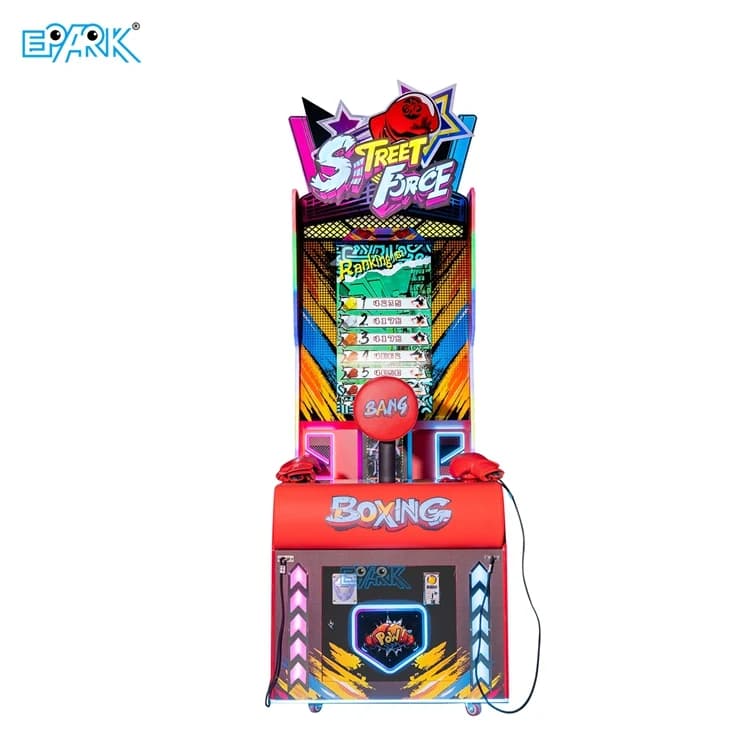Front view of a 43-inch interactive boxing machine with a red punch target