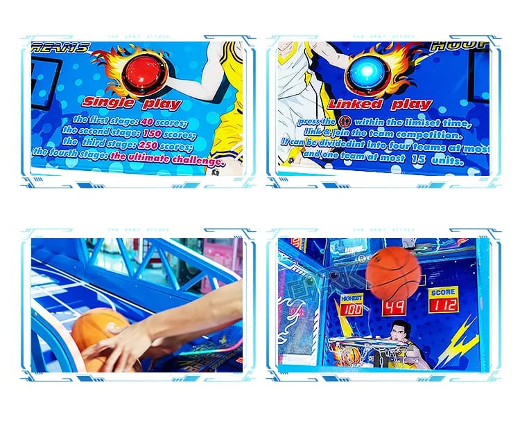 Pantallas del juego arcade de baloncesto, botones de control y detalles de la puntuación.