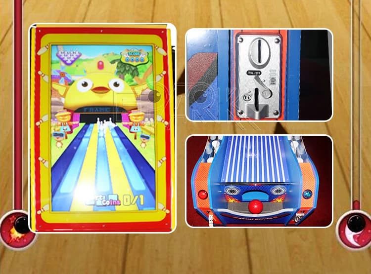 Pantalla de la sala de bolos, control de monedas y detalles de la pista iluminada