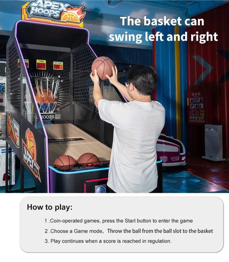 Jugador lanzando a canasta en una máquina recreativa de baloncesto con aro móvil en una sala de juegos.