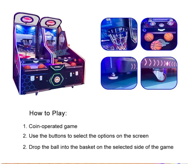 Instrucciones en tres pasos para iniciar, seleccionar y jugar al juego arcade de baloncesto.