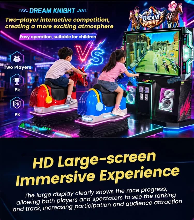 Dos jugadores compiten en la máquina recreativa de carreras de caballos con movimiento para dos personas.