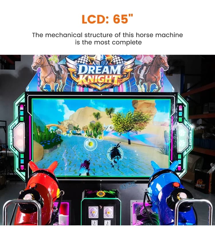 Pantalla de 65 pulgadas que muestra el juego de carreras de caballos y las posiciones de los jinetes.