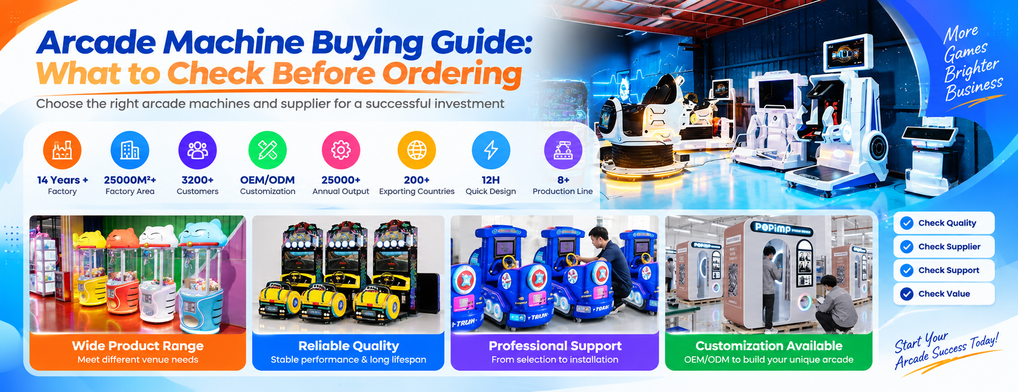 Commercial arcade machines displayed in a professional entertainment equipment showroom