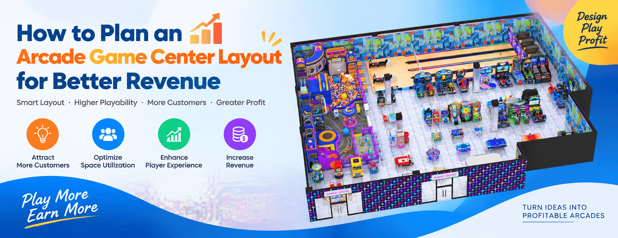 Arcade game center layout design with commercial arcade machines and entertainment zones