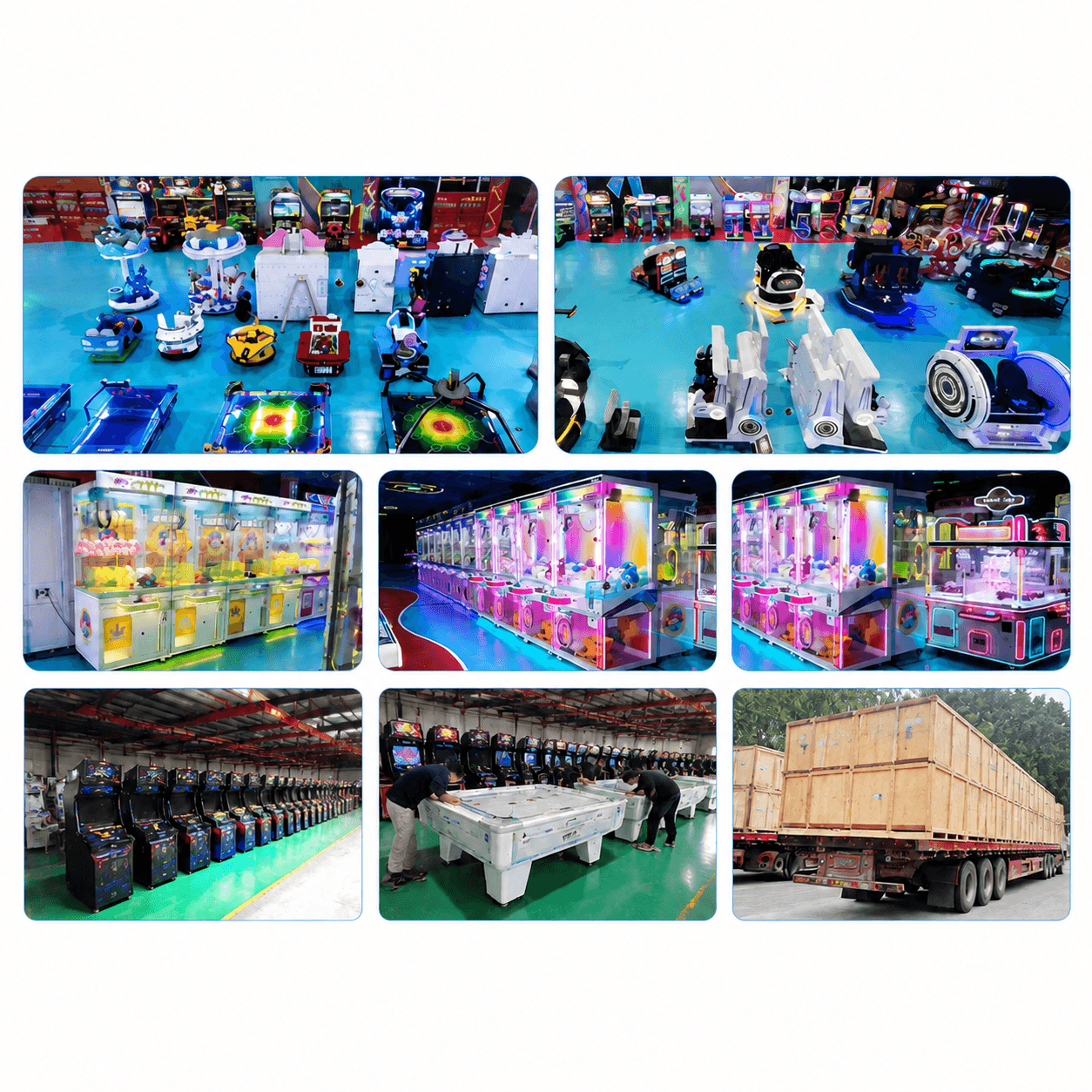 Commercial arcade machines prepared for international shipping and delivery