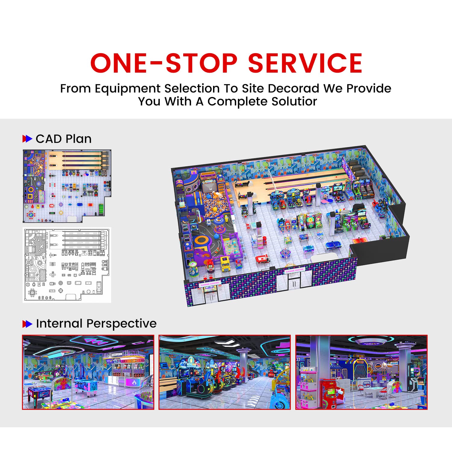 Commercial arcade project with racing games, claw machines, and entertainment attractions