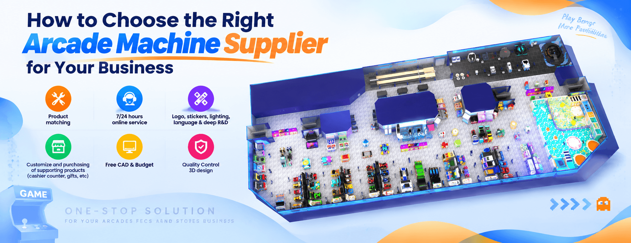 Professional arcade machine supplier showroom with commercial entertainment equipment