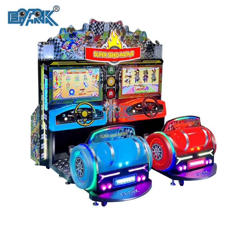 Two player racing arcade machine for entertainment centers