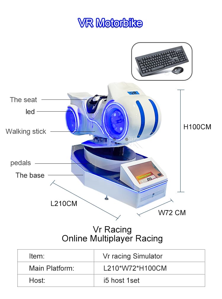 Virtual reality motorbike racing machine with interactive controls