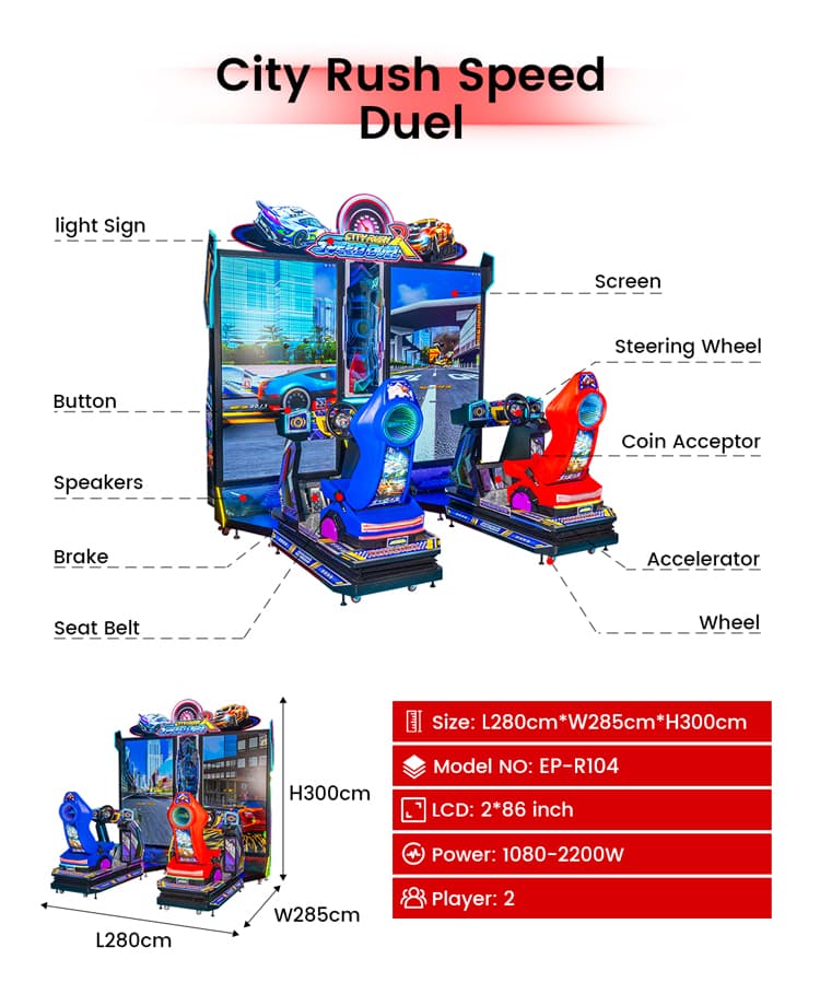 Two seat racing simulator for family entertainment centers