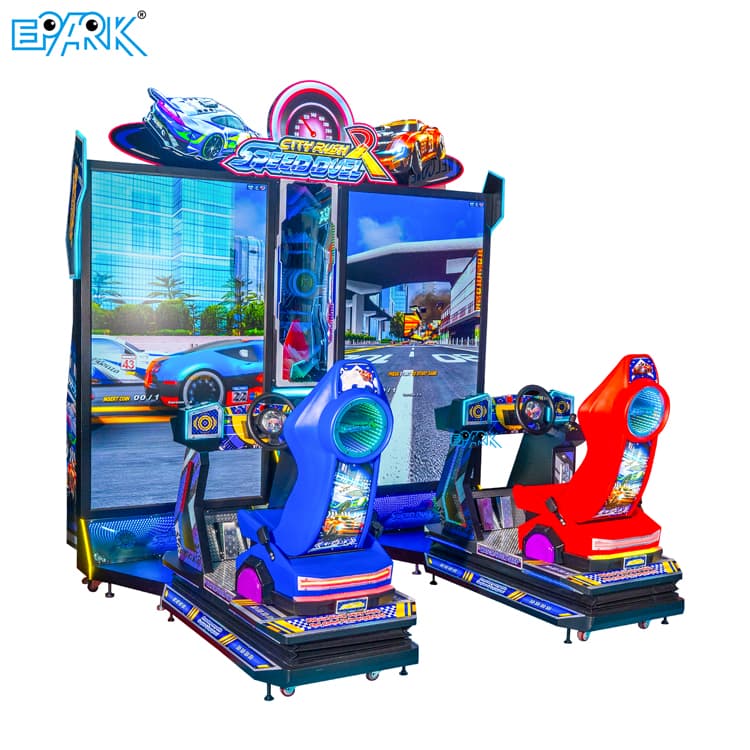 Two player racing arcade machine for entertainment centers