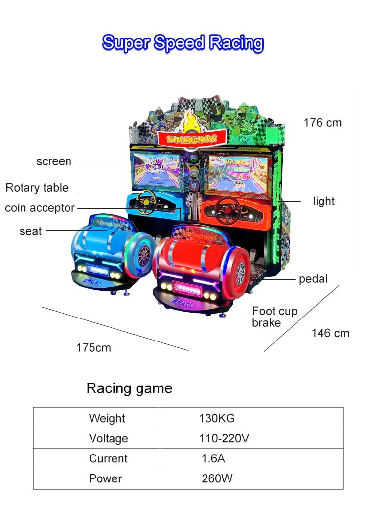 Commercial racing simulator for family entertainment centers