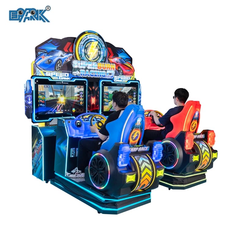 Two player racing arcade machine for entertainment centers