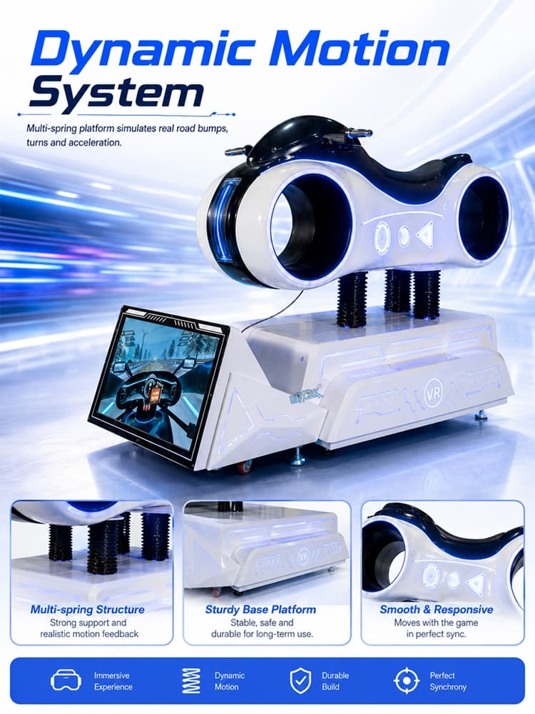 Compact VR motorbike simulator for family entertainment centers