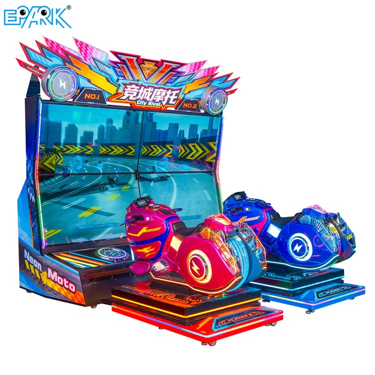Two player motorcycle racing arcade machine with four screens