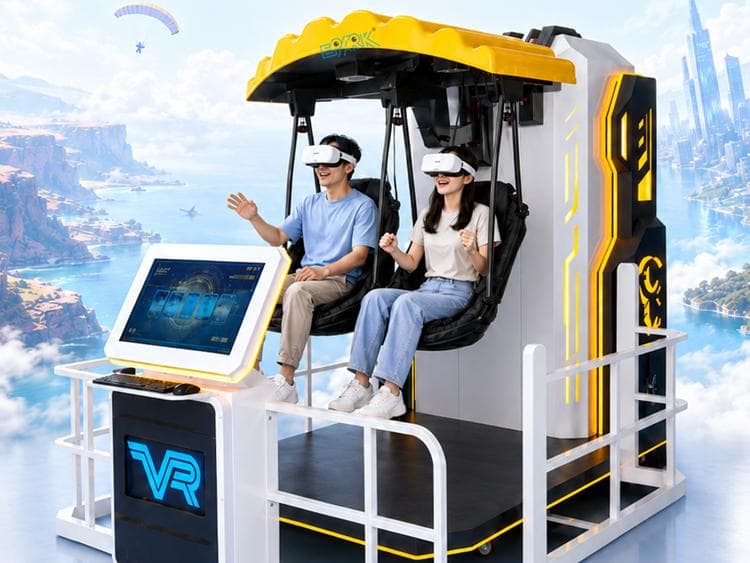 Indoor virtual reality flying ride with interactive controls