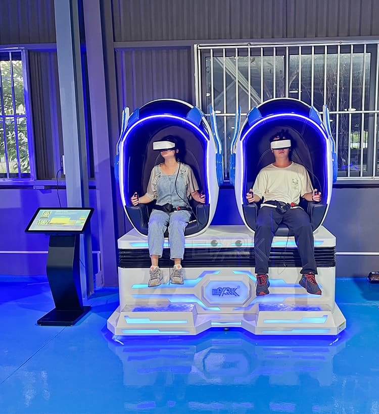 Indoor VR simulator machine with futuristic capsule appearance