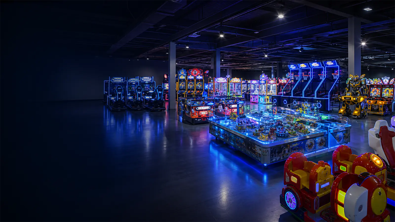 Commercial family entertainment center with arcade machines