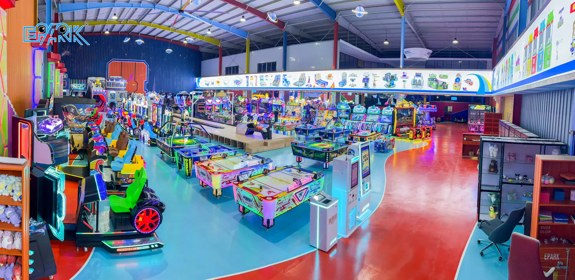 Wide view of the EPARK commercial arcade machine showroom in Guangzhou