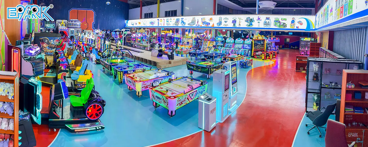 Wide view of commercial arcade machines inside the EPARK showroom in Guangzhou
