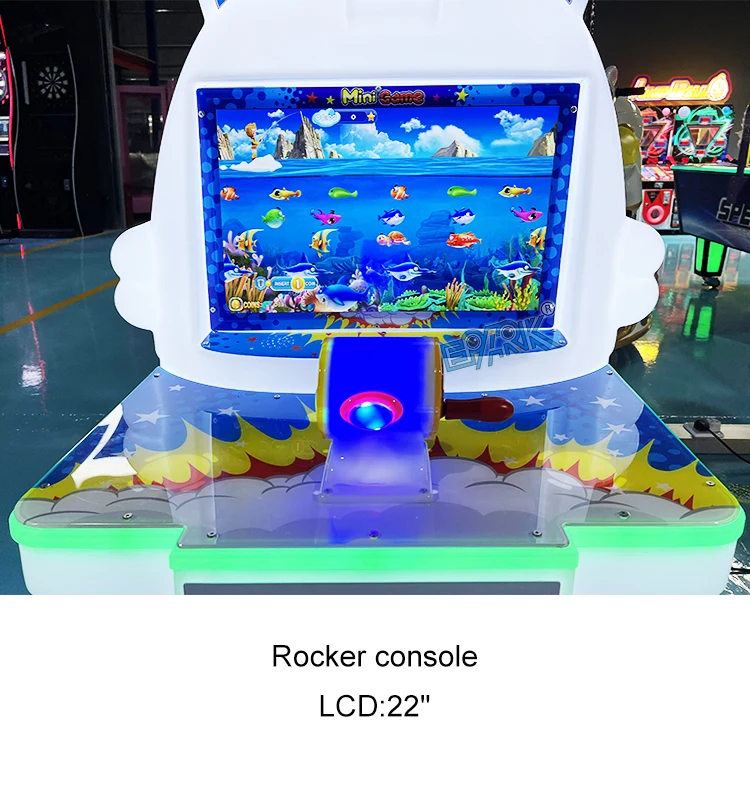 Fishing game screen and illuminated joystick on the white arcade machine