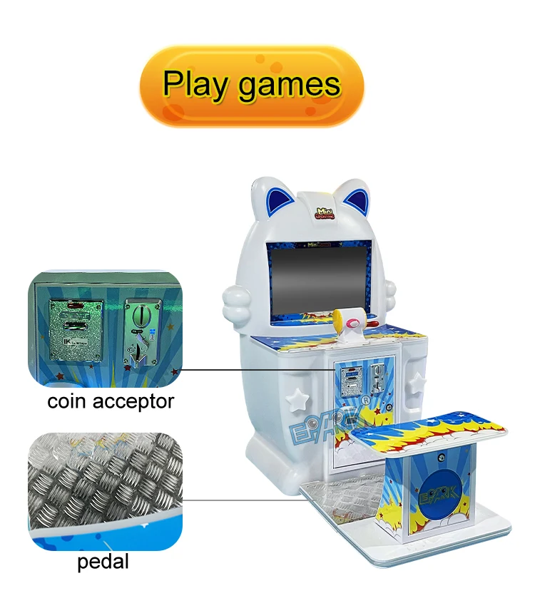 Fishing arcade machine with coin acceptor and foot platform detail views