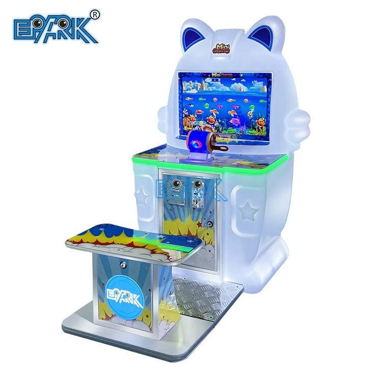 Angled view of a white seated joystick fishing arcade machine