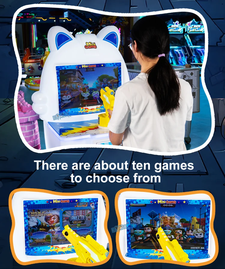 Player aiming the game gun with examples of selectable shooting games