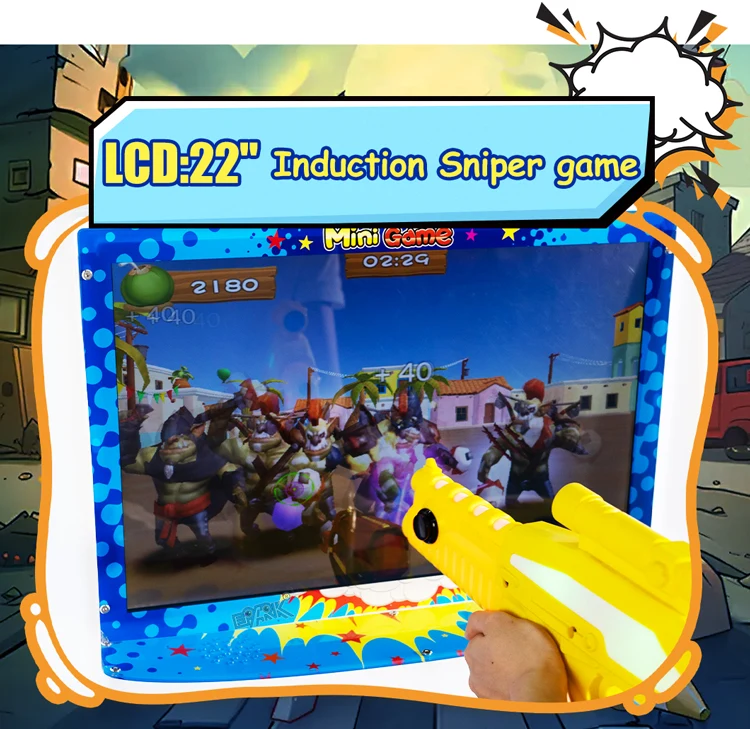 Close-up of the yellow game gun aimed at targets on the 22-inch display