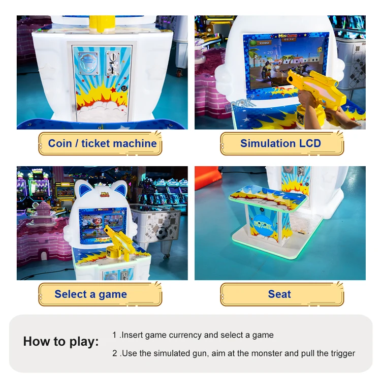 Shooting arcade machine details showing coin controls, display, seat and gameplay instructions