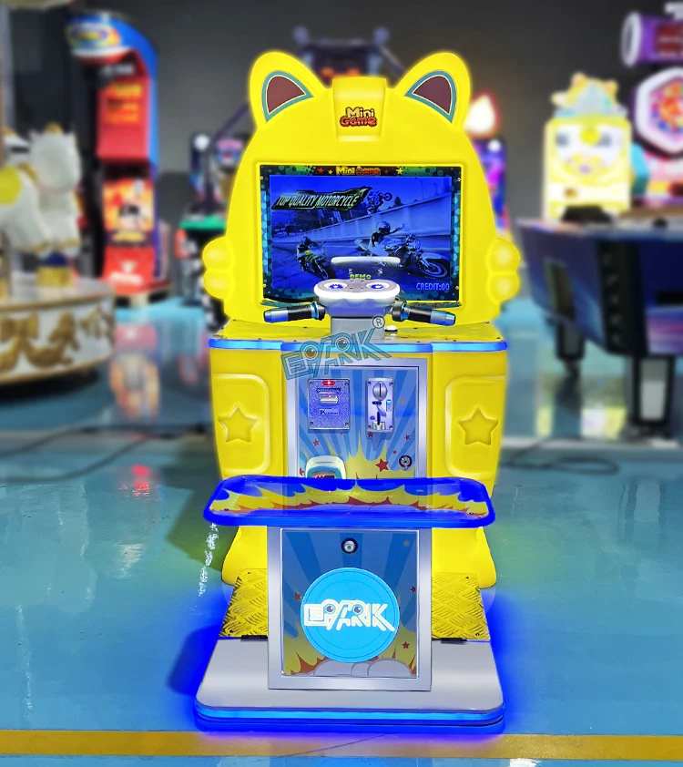Front showroom view of the yellow motorcycle arcade machine with illuminated base