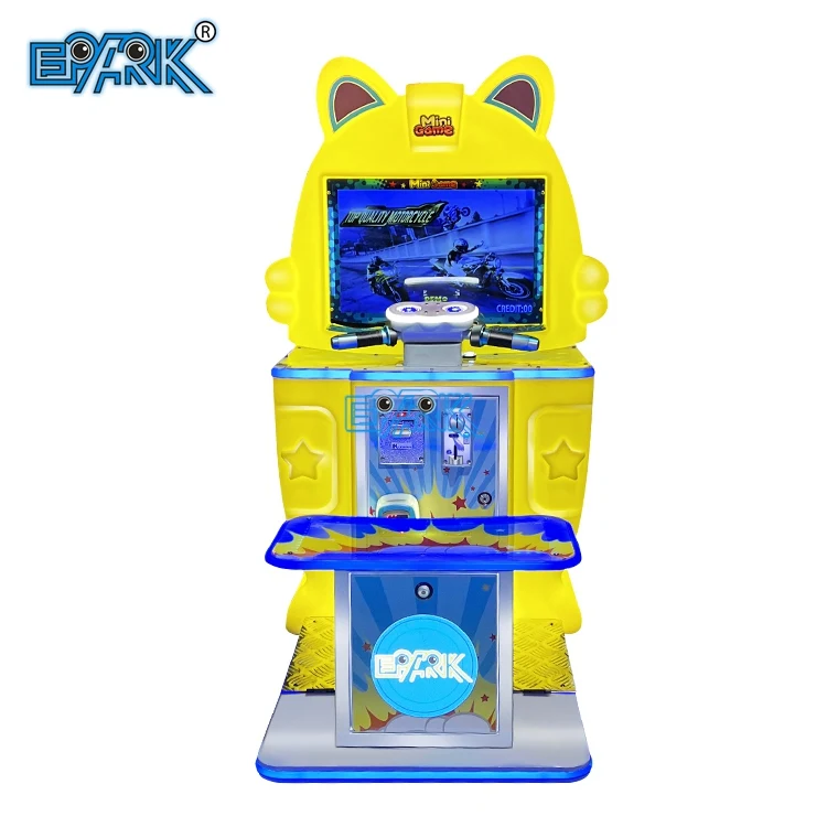 Front view of a yellow kids motorcycle arcade machine