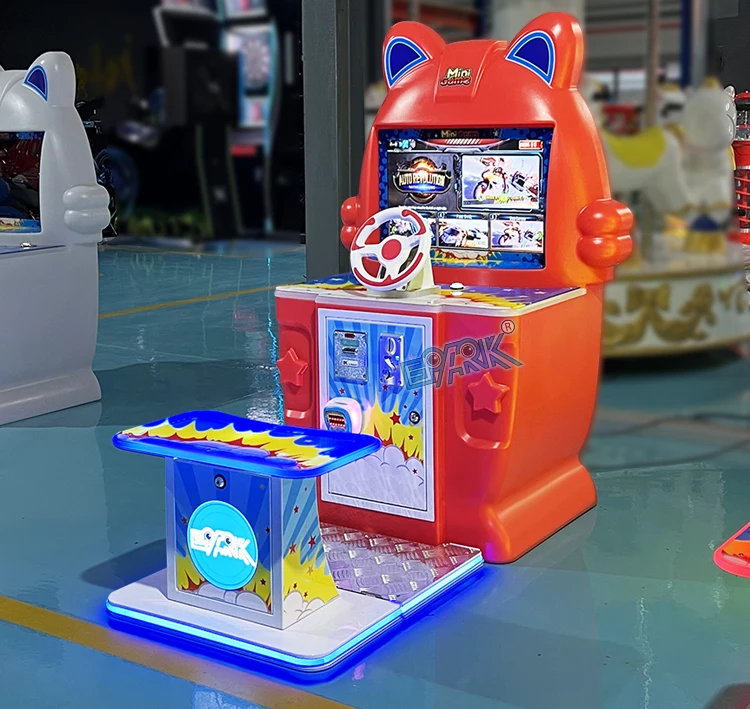 Red seated racing arcade machine with illuminated base in the showroom