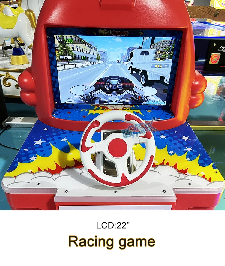 Close-up of the steering wheel and 22-inch racing game screen