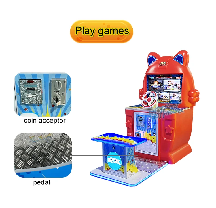 Compact racing machine showing the coin acceptor and foot platform