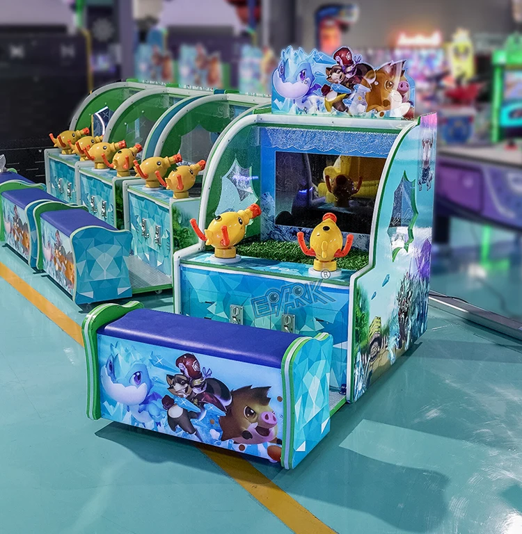 Angled showroom view of the seated two-player water shooting machine