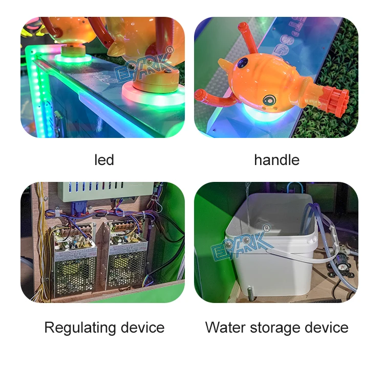 LED lighting, water gun controls, regulating device and water storage components