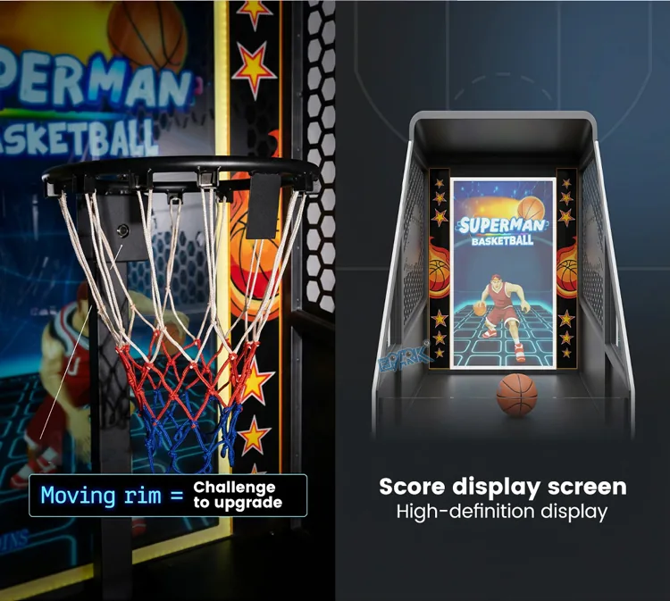 Moving basketball hoop and 55-inch score display details