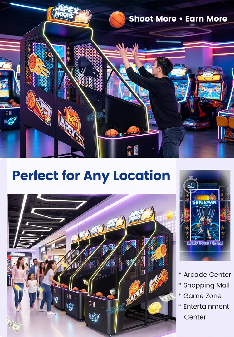 Interactive basketball arcade machines arranged for commercial play